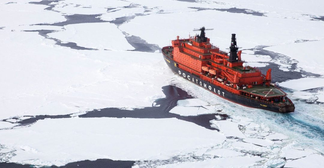 Quark 50 Years of Victory icebreaker cutting path through the Arctic sea