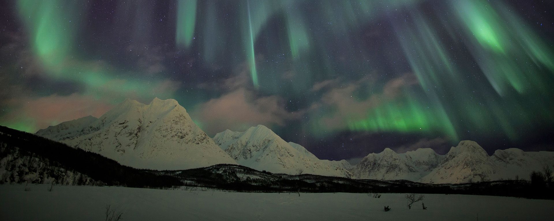 The Northern Lights illuminate the snowy landscape in Svensby Lyngen Alps, Tromsa, Norway