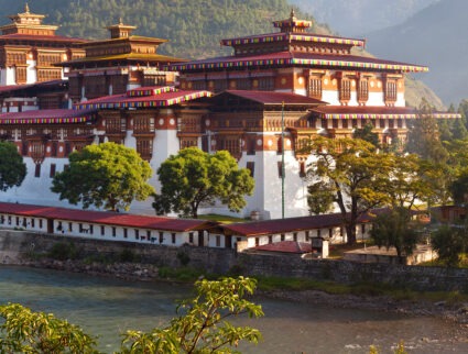 The Punakha Dzong at the confluence of the Mo and Po Rivers, Bhutan