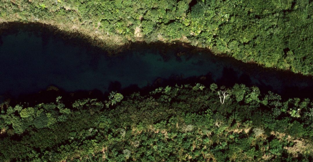 Aerial view of a deep blue river flowing through the rain forest in the Amazon, Brazil