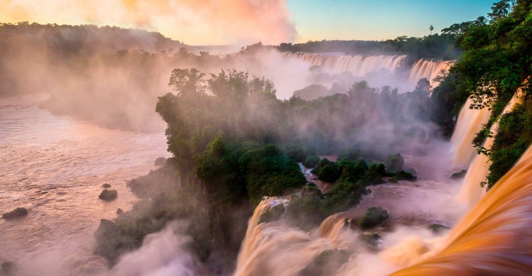 Iguazu Falls, on the border between Argentina and Brazil, at sunrise