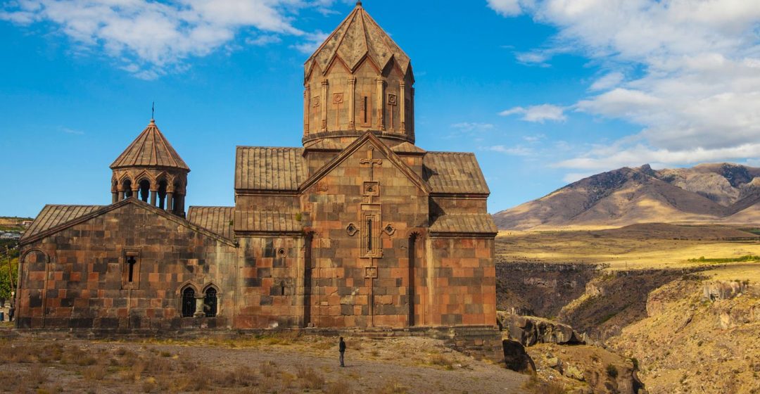 Hovhannavank church standing on the edge of the Qasakh River Canyon in Armenia, Caucasus