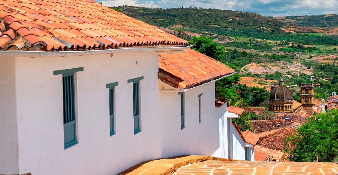 View of colonial town of Barichara, Colombia with the cathedral visible in the distance