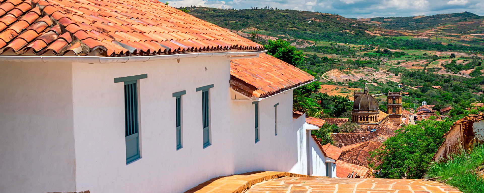 View of colonial town of Barichara, Colombia with the cathedral visible in the distance