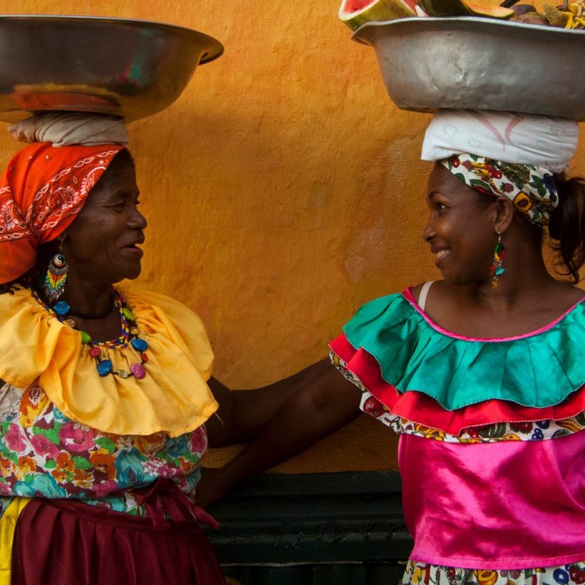 Colorful fruit sellers in Cartagena, Colombia