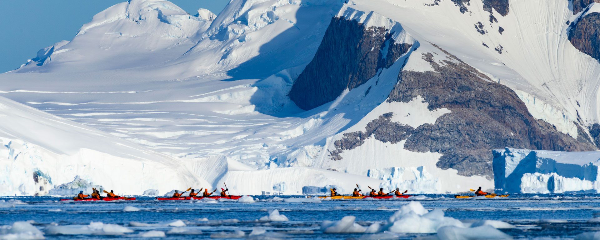 A group of kayakers in Adie Cove, Antarctica