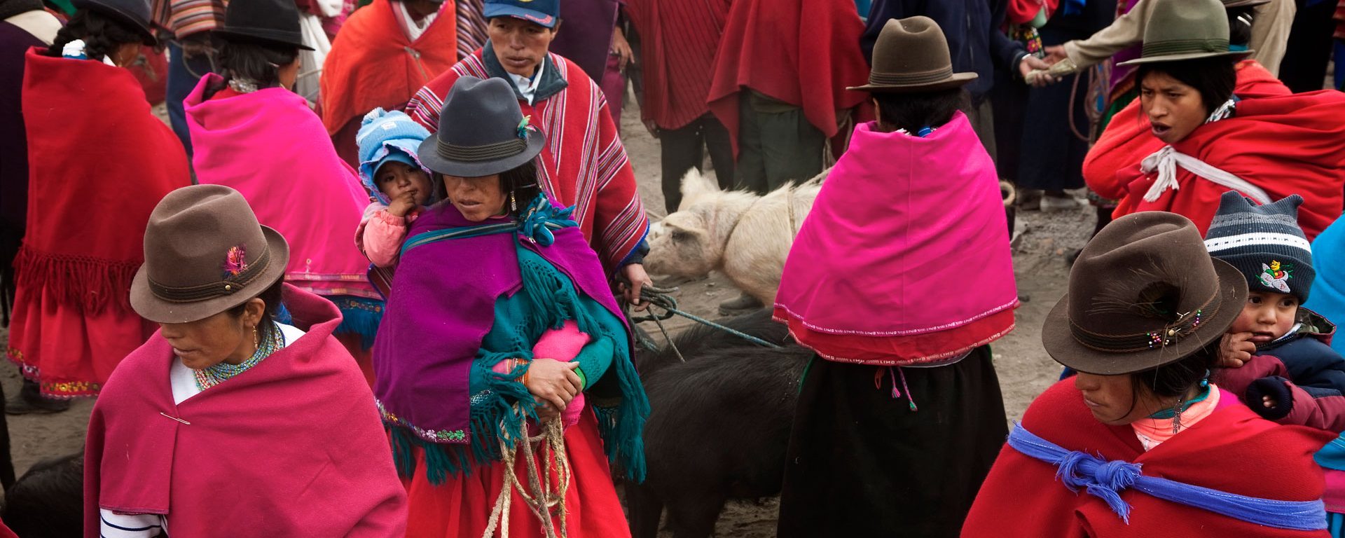 Colorfully dressed Andean women at an animal market in the central highlands of Ecuador