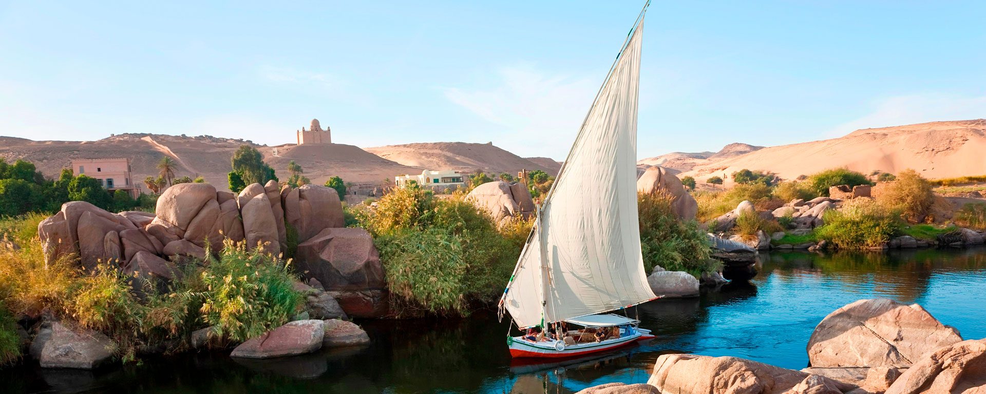 Felucca sailboats on the Nile River in Aswan, Egypt