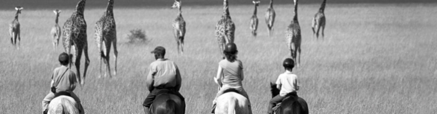 A family rides horses towards giraffes in the Chyulu Hills, Kenya