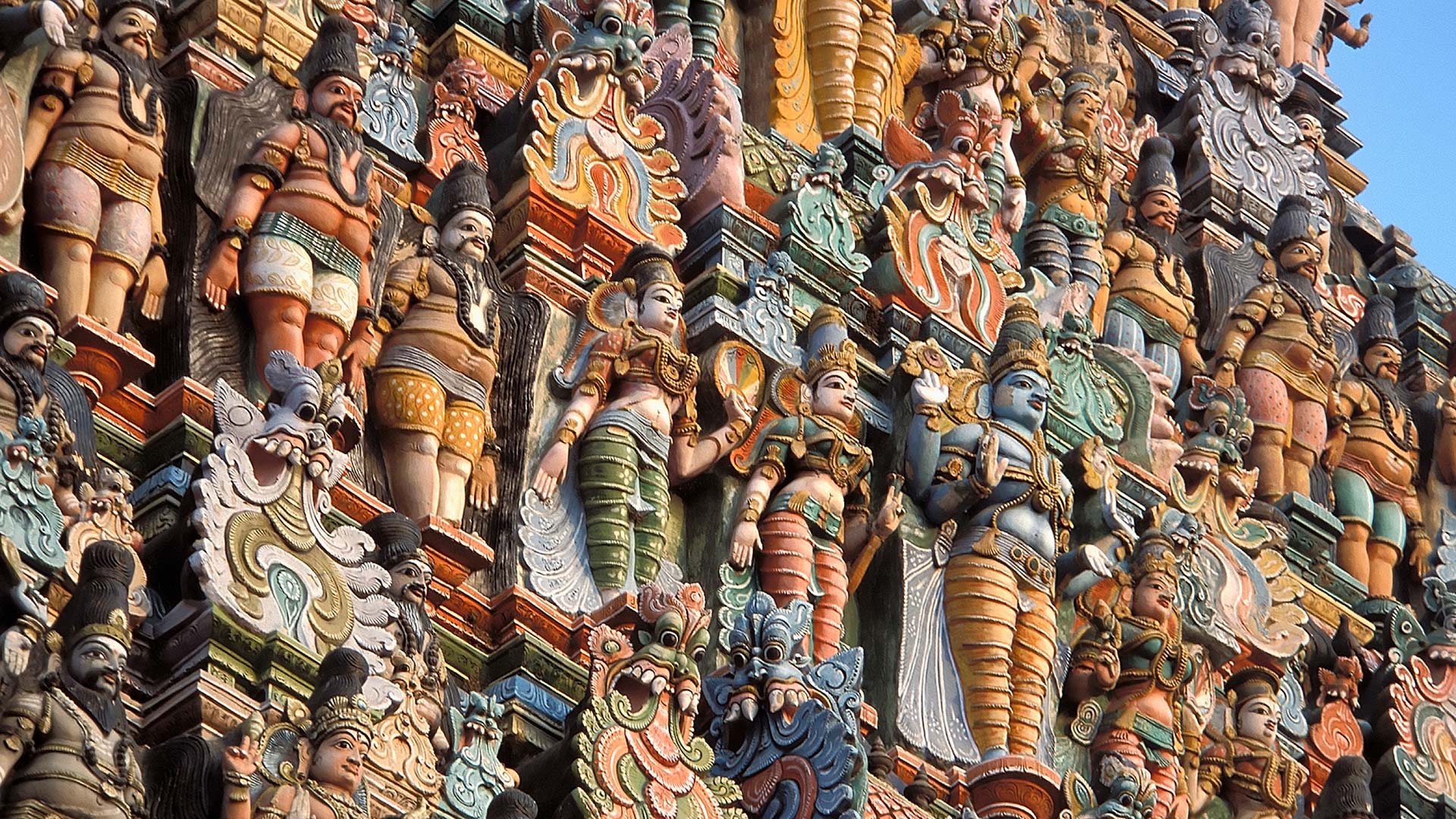 Gopuram detail of the Sri Meenakshi Temple in Madurai, India