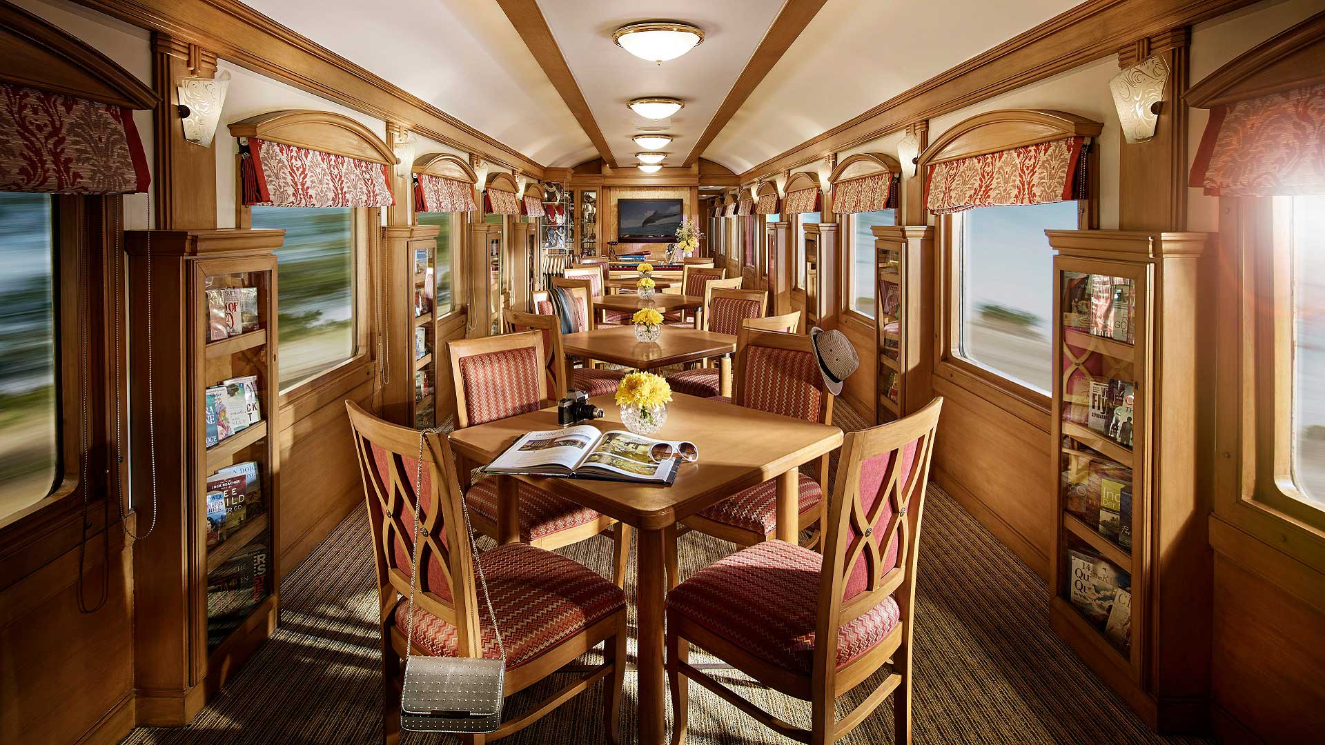 One of the lounge cars aboard the Deccan Odyssey train, which travels across India with GeoEx