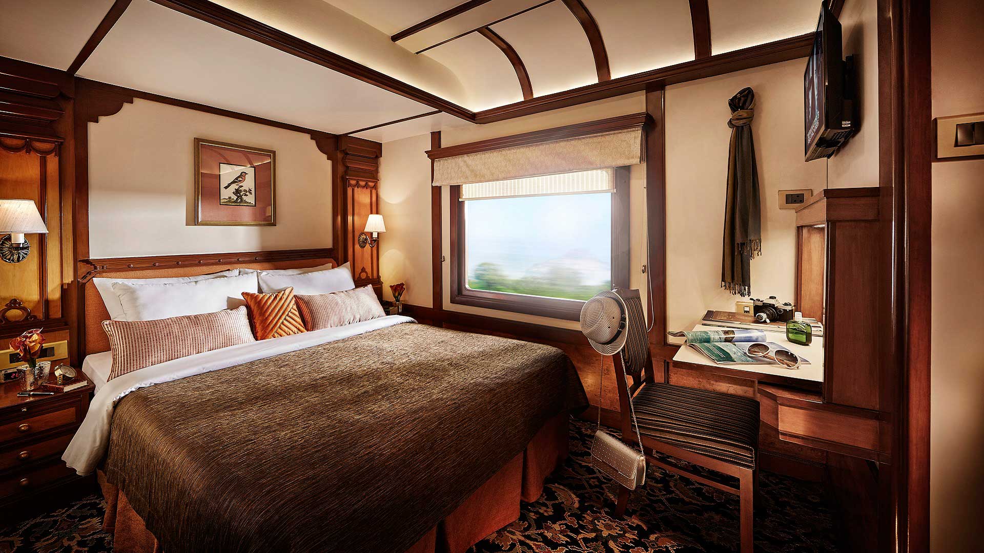 A Presidential Suite bedroom aboard the Deccan Odyssey train, which travels across India with GeoEx