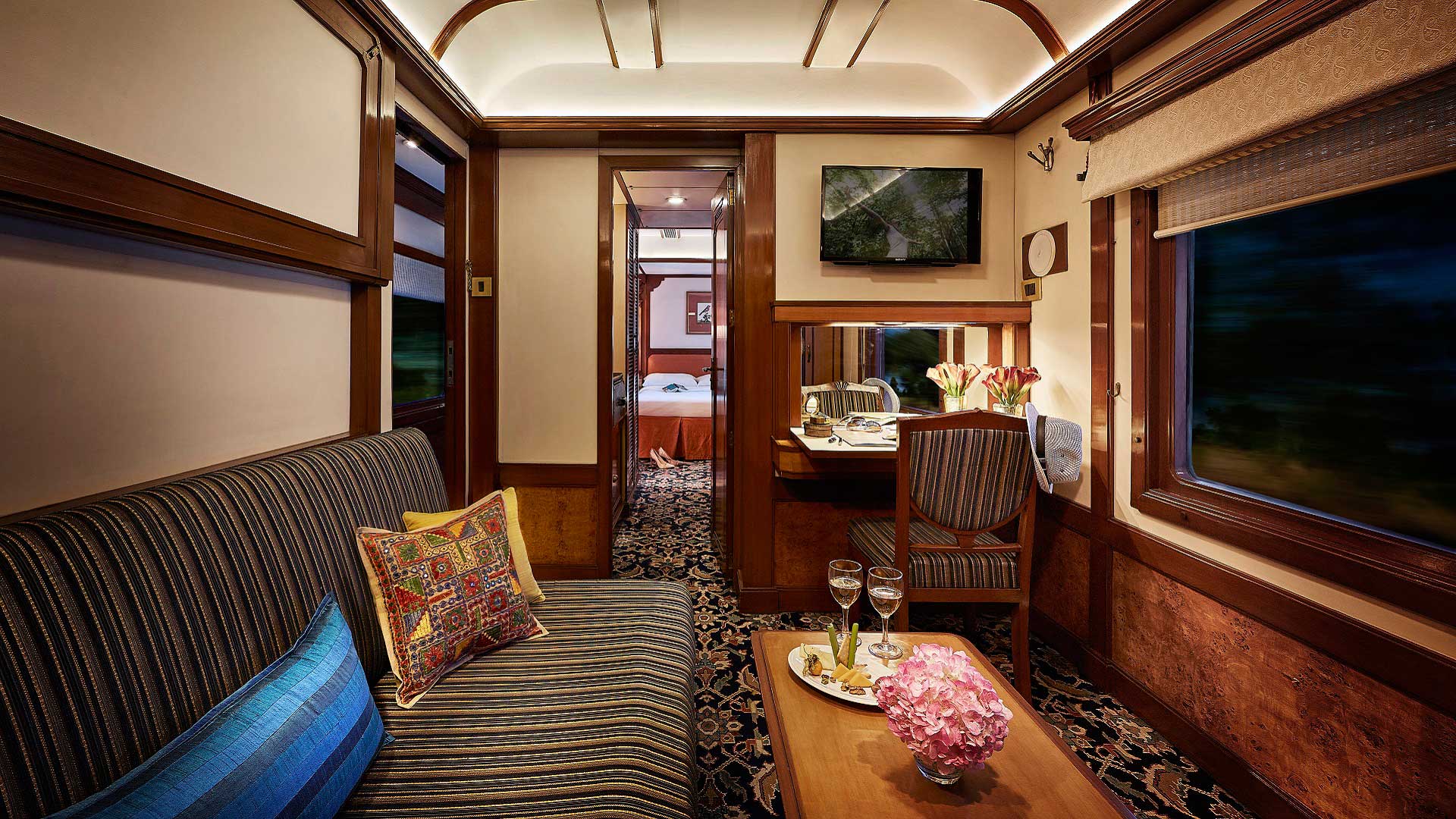 A Presidential Suite lounge aboard the Deccan Odyssey train, which travels across India with GeoEx