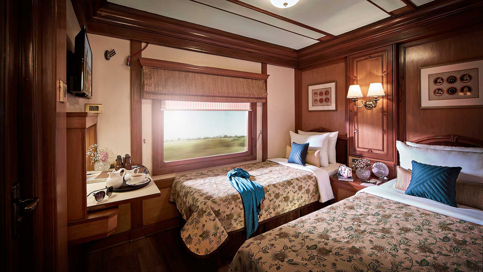 A Twin Cabin aboard the Deccan Odyssey train, which travels across India with GeoEx