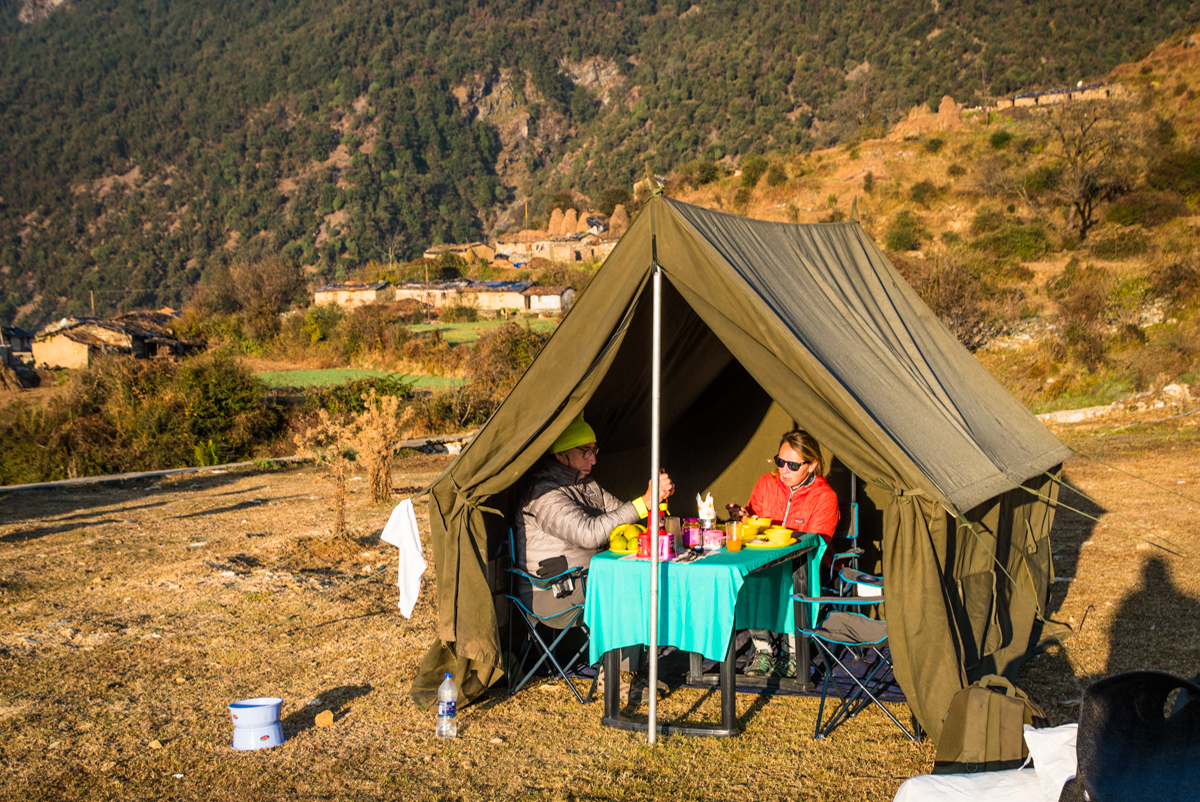 Having breakfast in the dining tent on the Kuari Pass Trek in India