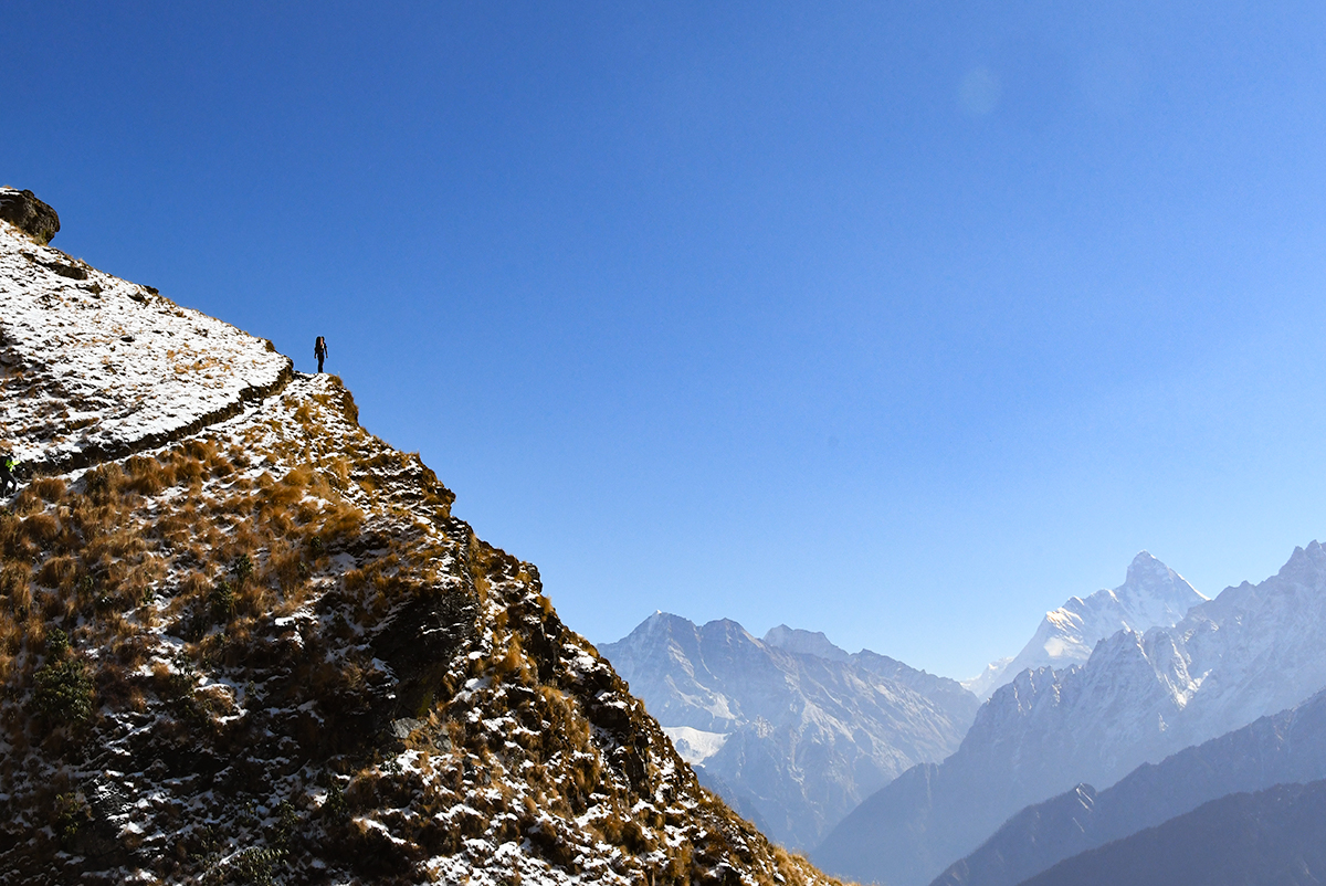 Looking at the hiking trail with Nanda Devi in the background in India