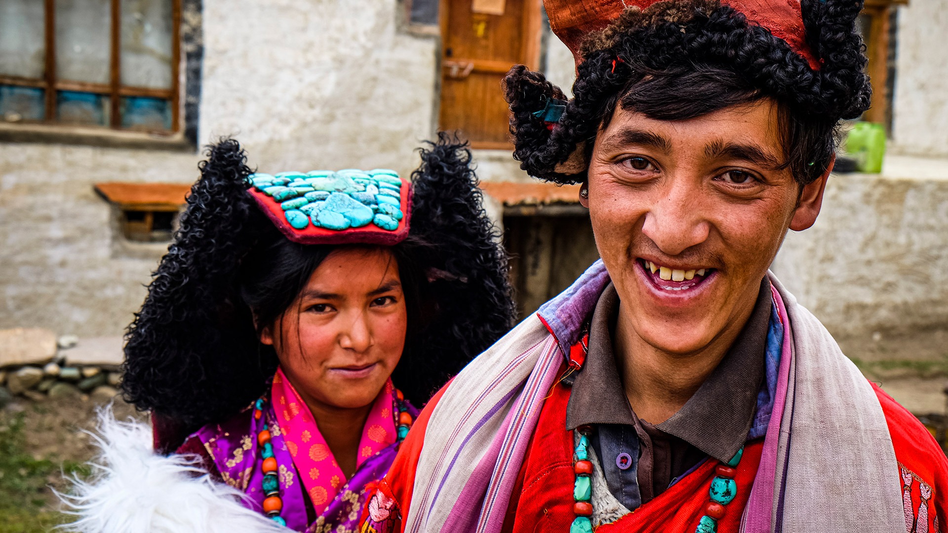 Man and woman in traditional festive attire, Ladakh, India