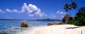 Beautiful perfect scene of the famous rocks and beach at La Digue in the Seychelle Islands of Africa.