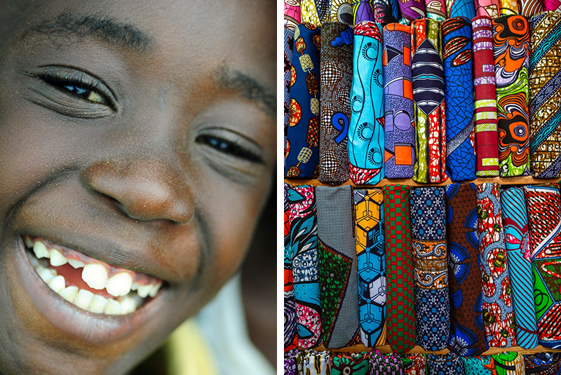 A smiling child in Abidjan and local textiles in Ivory Coast