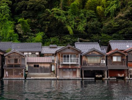 Traditional funaya residences set against lush greenery in Ine, Japan