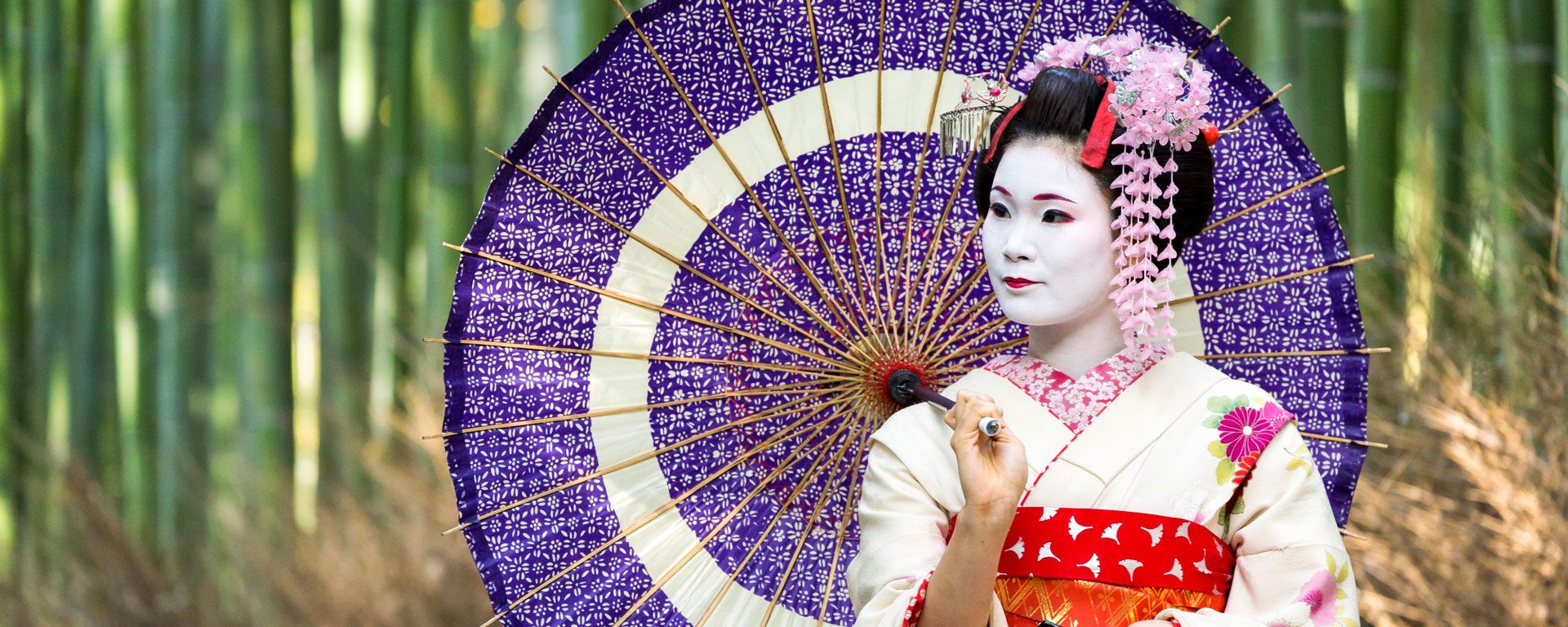 Maiko with colorful kimono and umbrella in Arashiyama, Kyoto, Japan