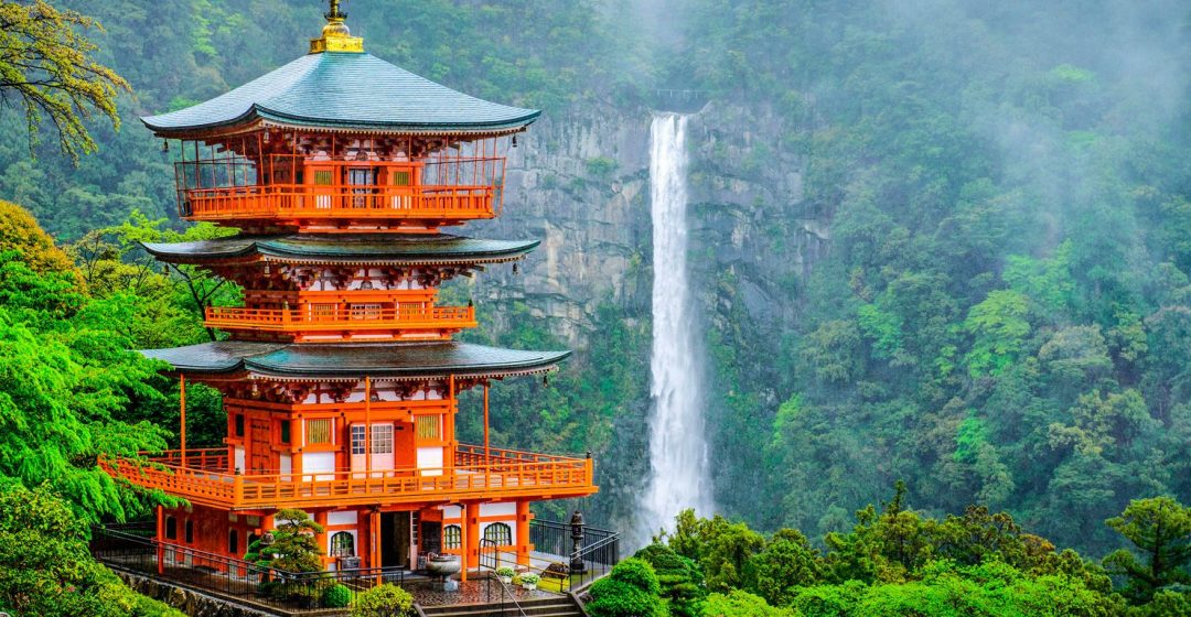 Kumano Nachi Taisha shrine stands in front of waterfall on Mount Nachi, Japan