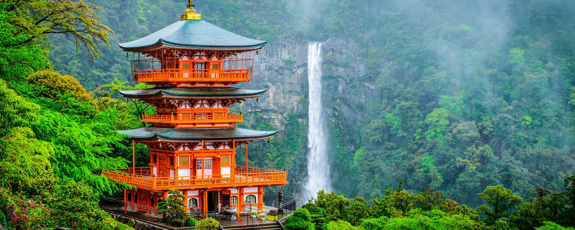 Kumano Nachi Taisha shrine stands in front of waterfall on Mount Nachi, Japan