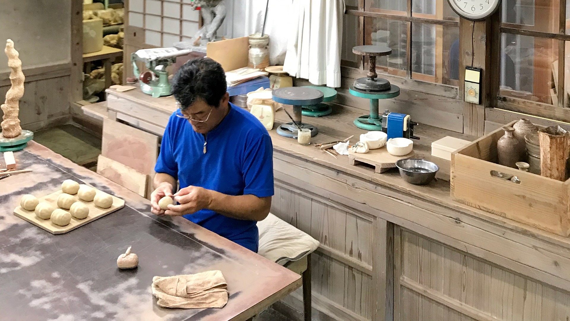 Hagi-yaki potter in his studio in Nagato, Japan