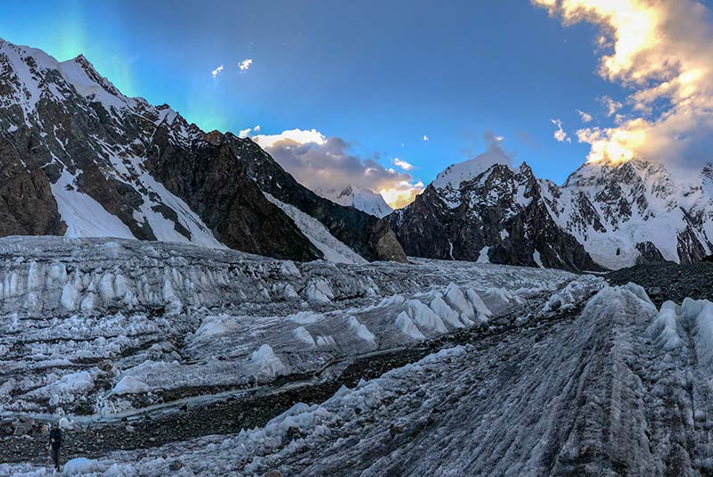 Morning light in the sky over a glacier on the K2 trek, Pakistan