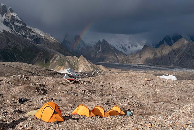 Tents and rainbow on K2 & Broad Peak Trek, Pakistan