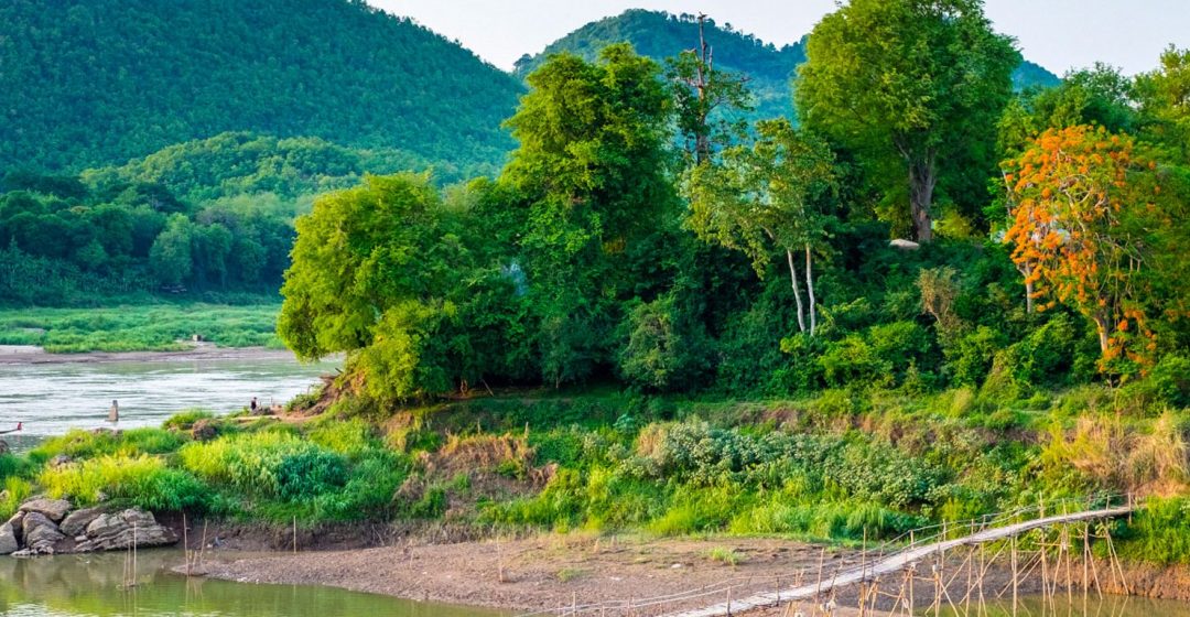 Bamboo footbridge over Nam Khan River near Luang Prabang, Laos