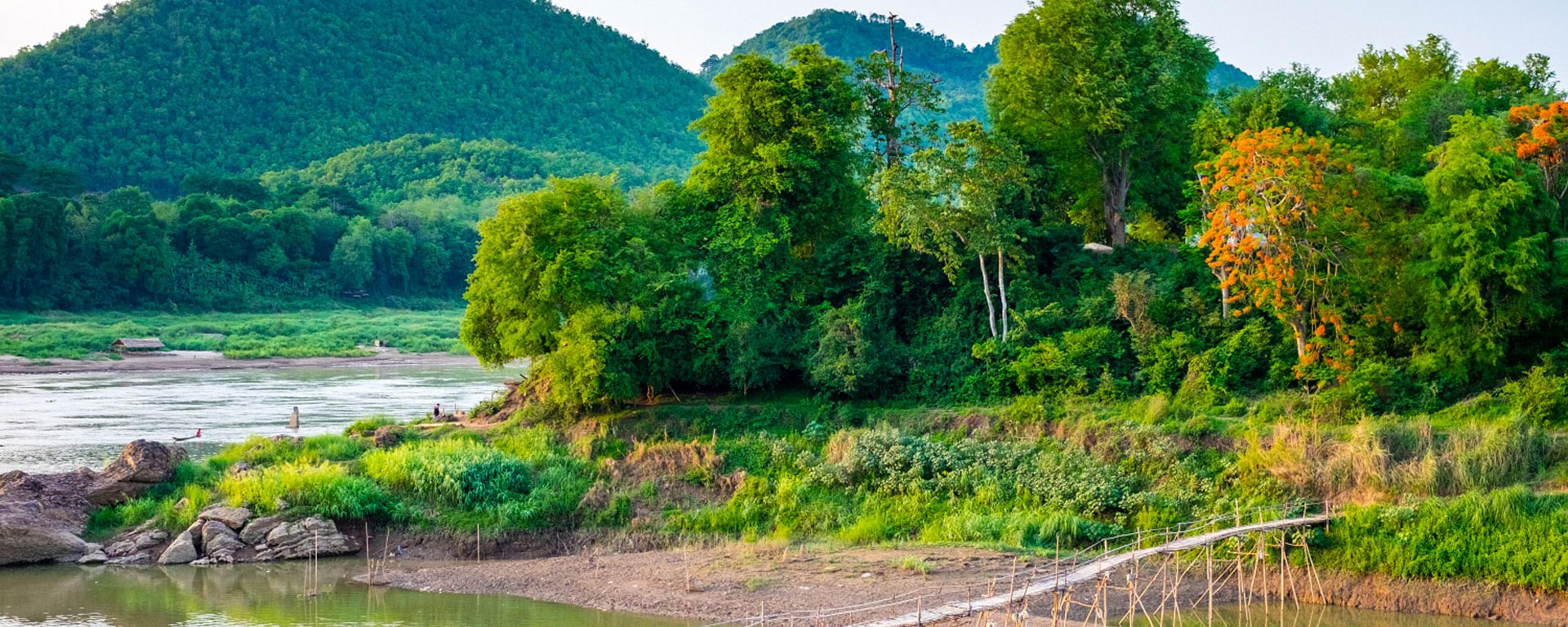 Bamboo footbridge over Nam Khan River near Luang Prabang, Laos