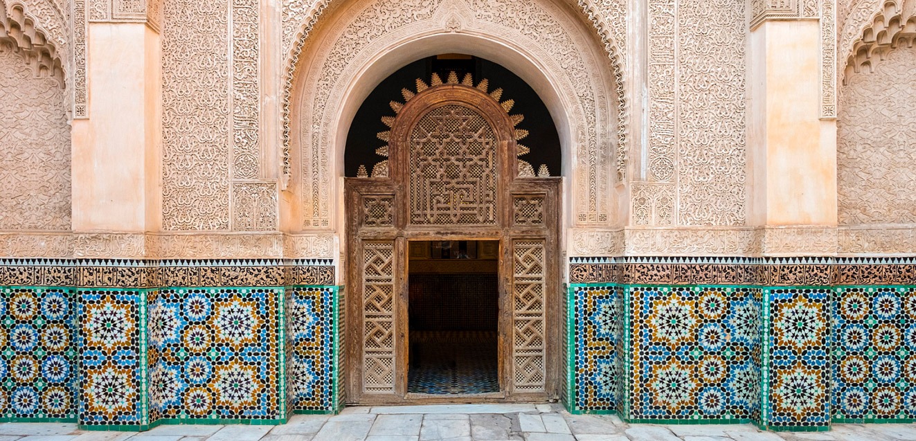 Doorway at Ben Youssef madrassa in Marrakech, Morocco