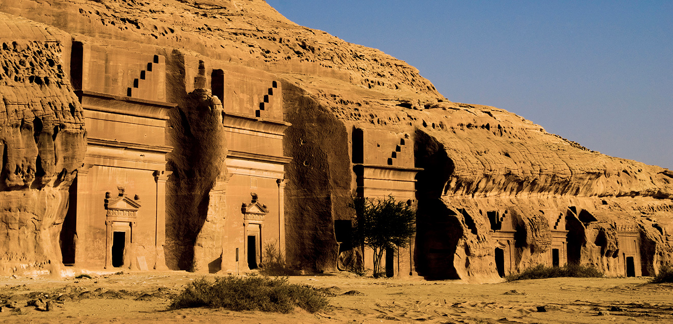 Tombs in the ancient Nabatean town of Hegra, also known as Madain Saleh, Saudi Arabia