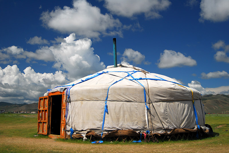 A ger under blue skies in Mongolia