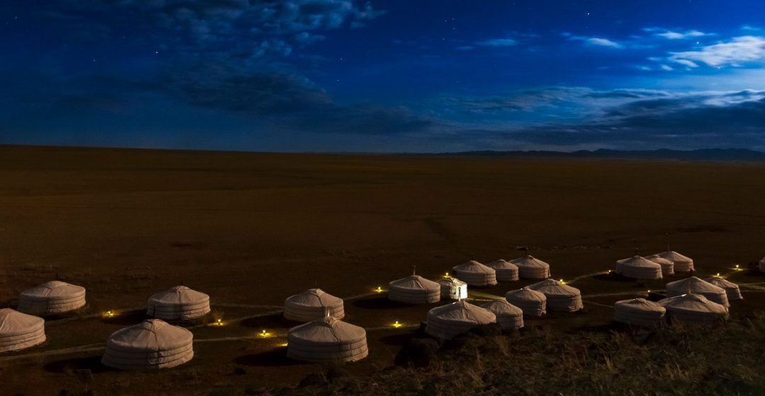 Stars over Three Camel Lodge ger camp in the Gobi Desert, Mongolia