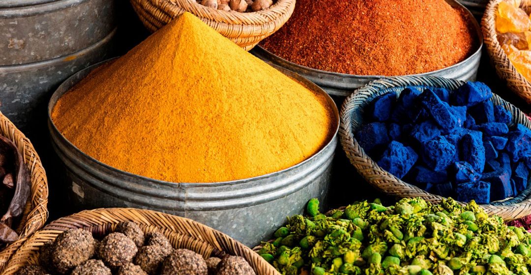 Spices and pot pourri in a souk in Marrakech, Morocco