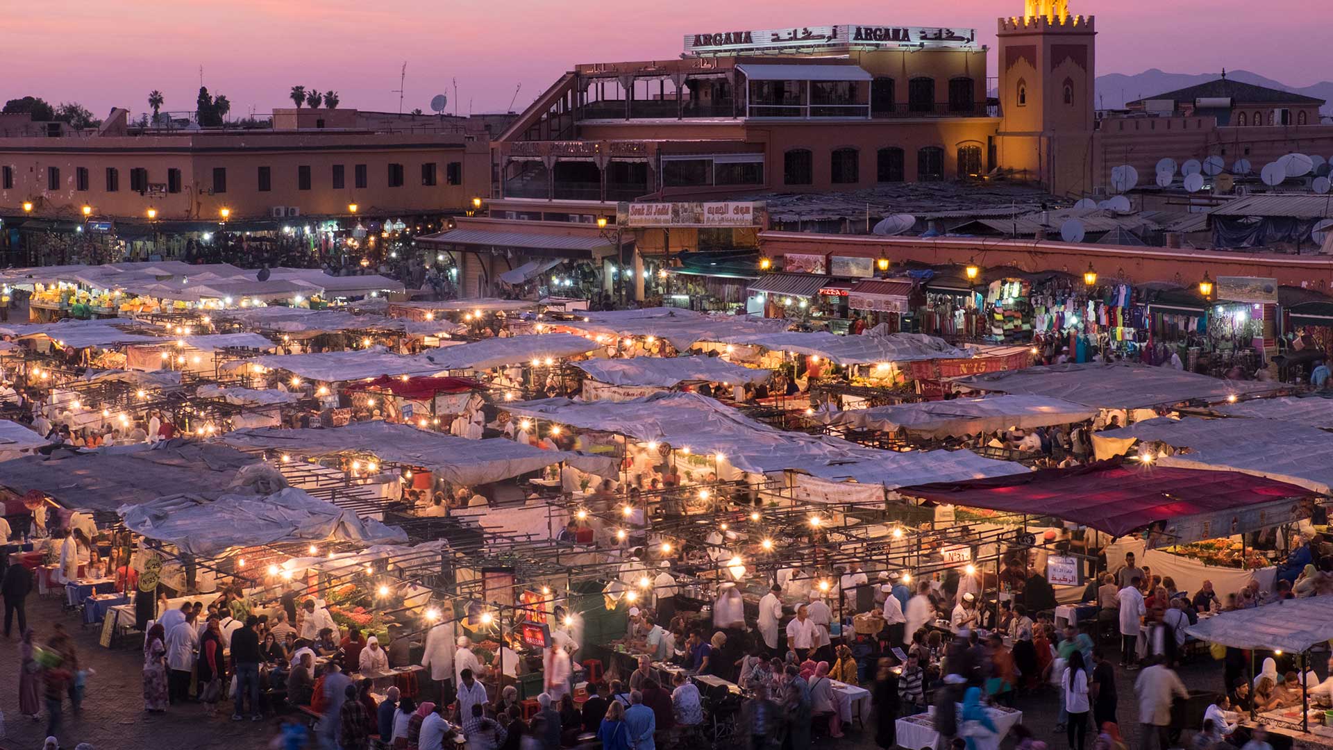 Sunset over the famous Djemaa El-Fna square in Marrakech