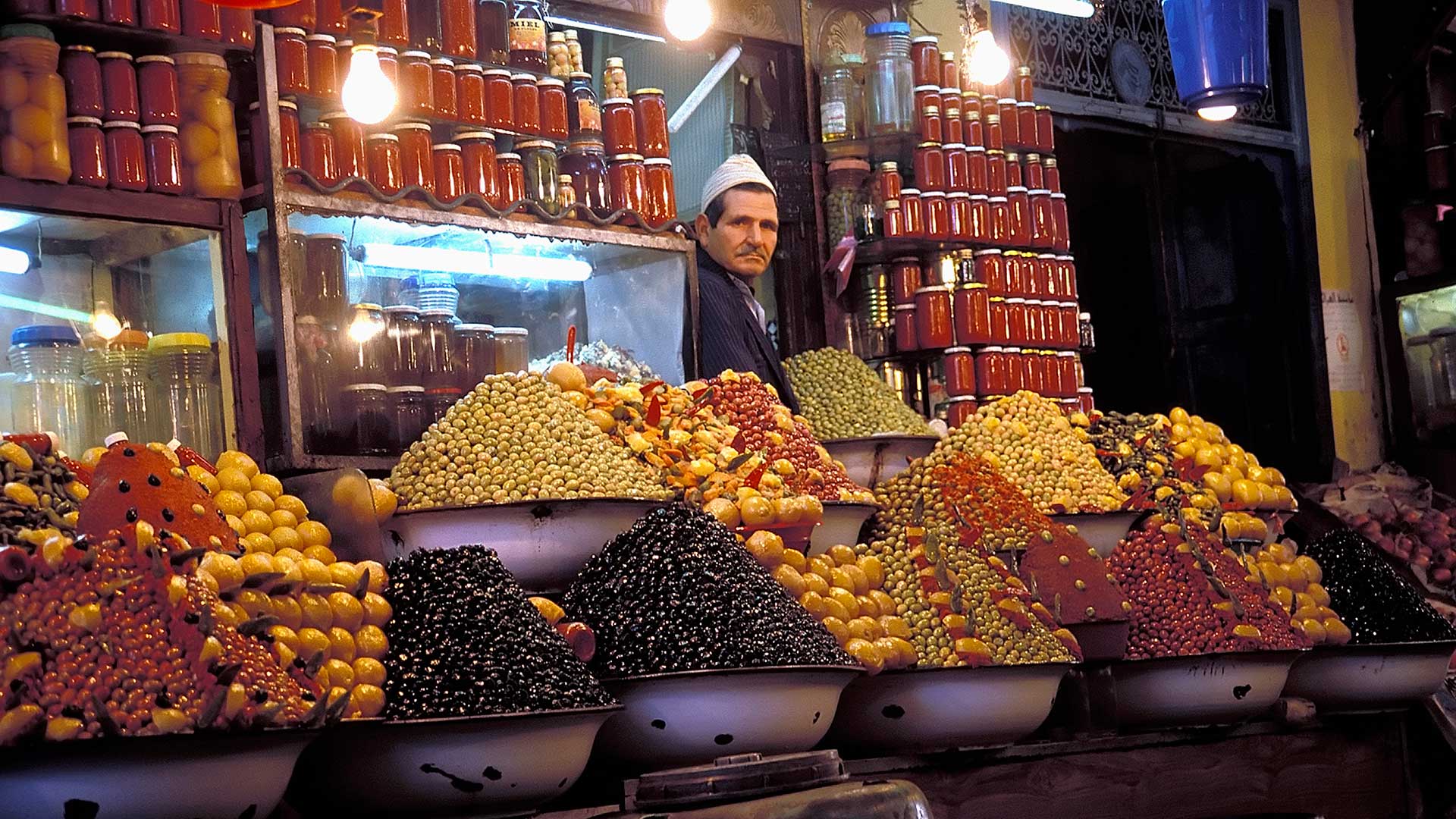 Olive vendor in the bazaar of the Medina of Meknes