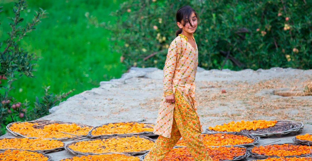 Smiling girl on rooftop, drying apricot fruit, Hunza, northern Pakistan