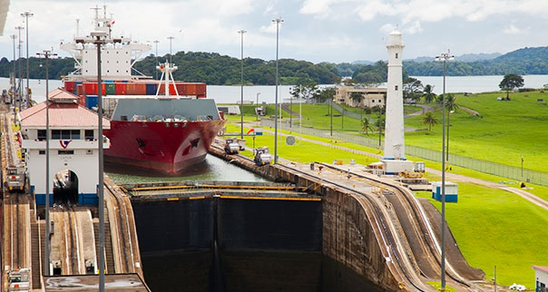 Cargo ship entering Gatun Locks of the Panama Canal, Panama