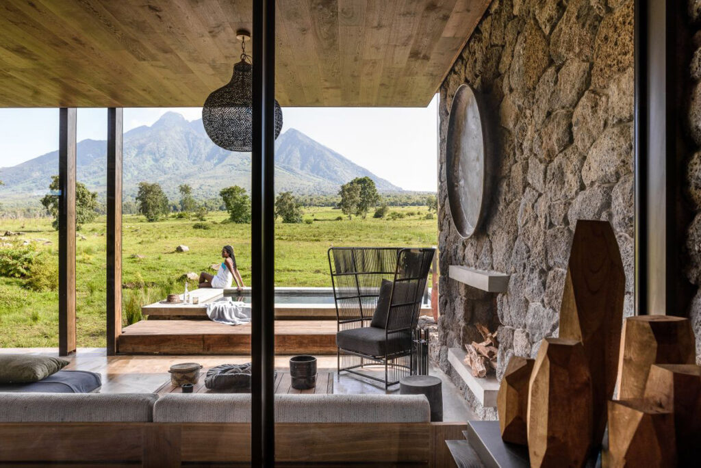 Singita Kwitonda deck with volcano in background, Rwanda