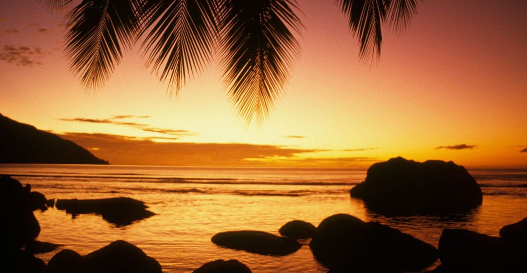 Sunset at Beauvallon Bay on Mahe Island, Seychelles