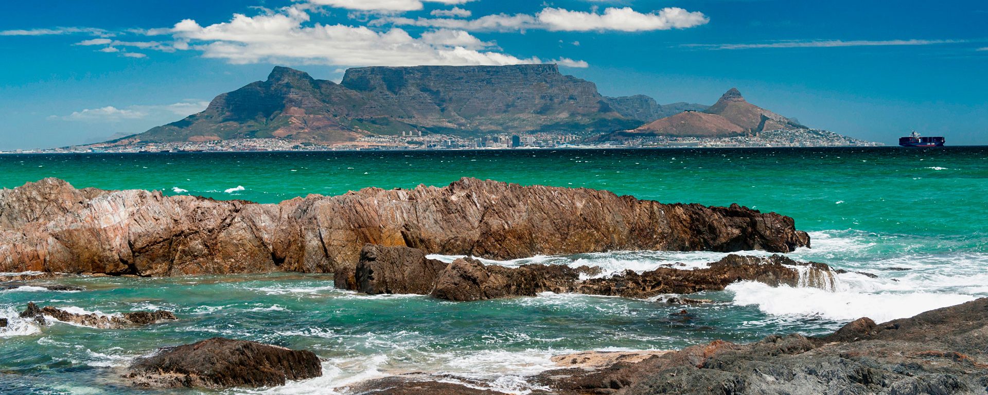 Table Mountain and Cape Town viewed from across Table Bay, South Africa