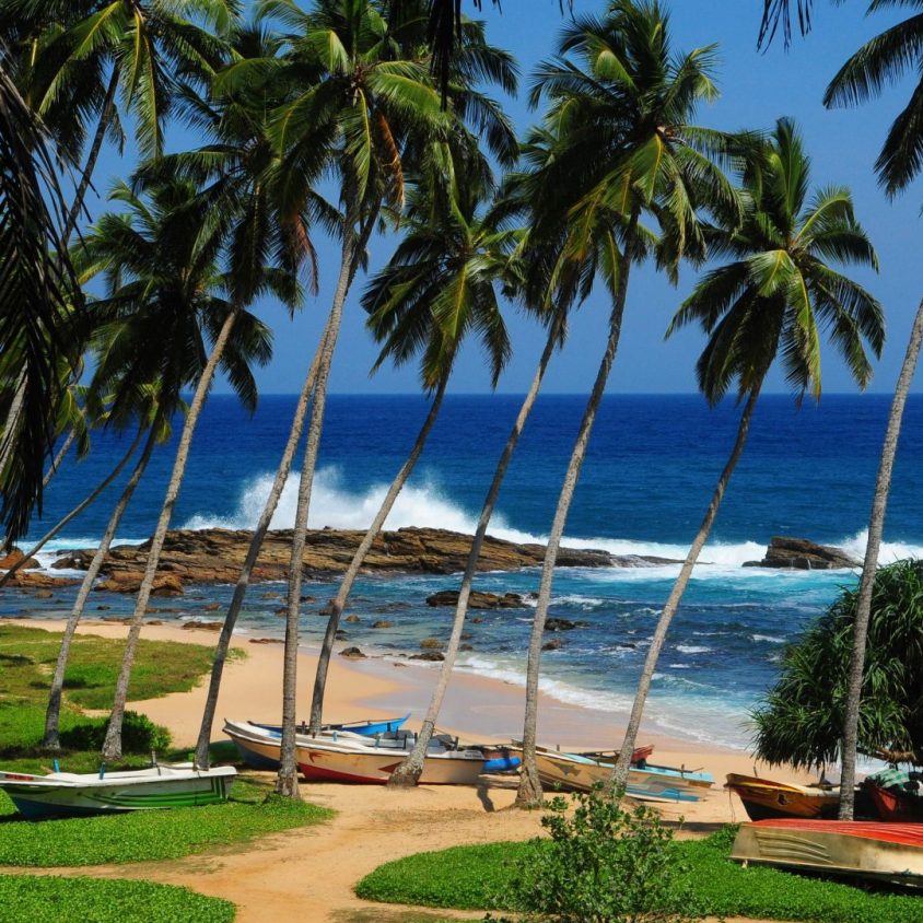 Boats and palm trees in front of a secluded cove near Tangalle, Sri Lanka