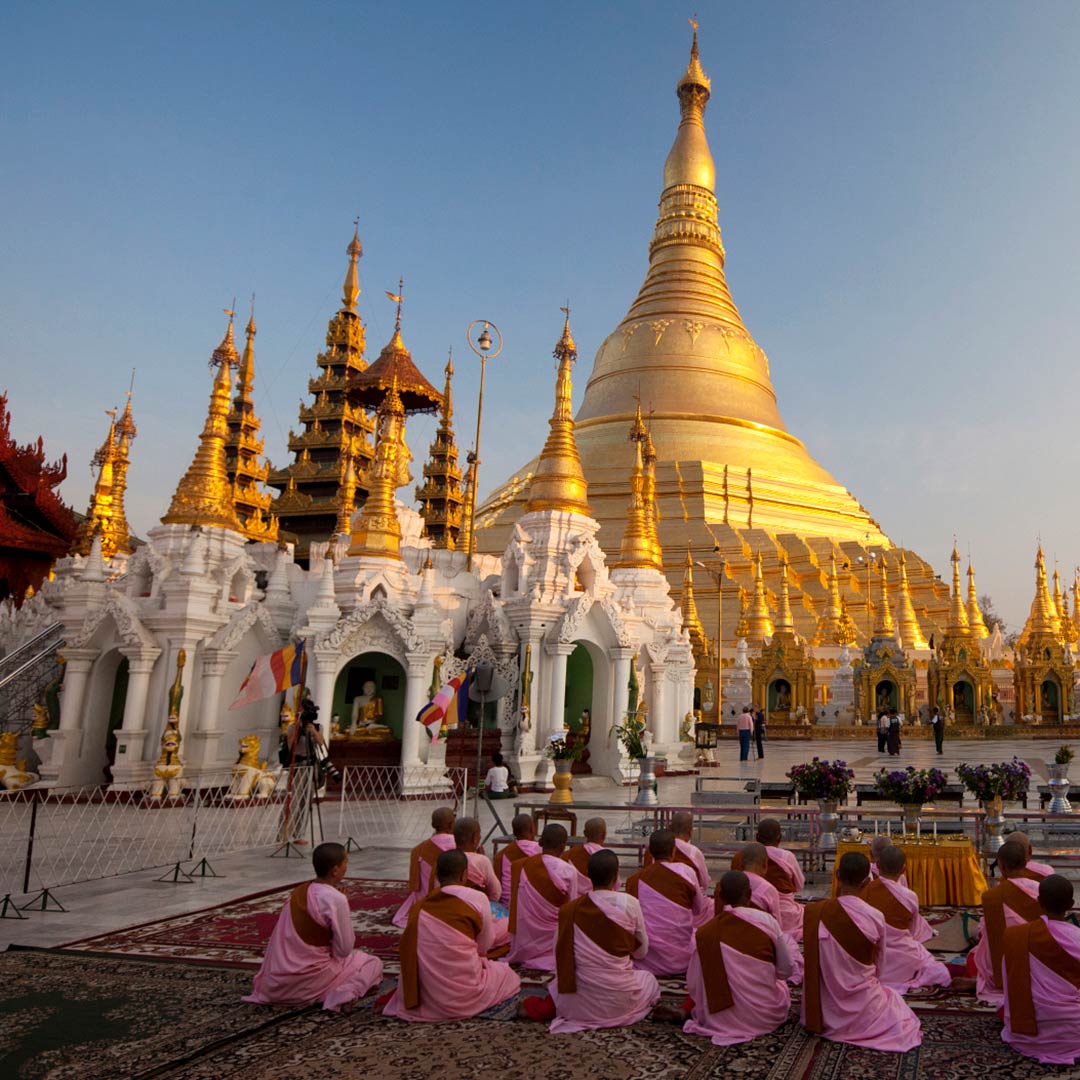 Nuns pray at the Shwedagon Pagoda, Yangon, Myanmar