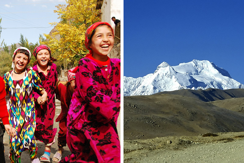 Smiling girls in Penjakent, Tajikistan and Mount Shishapangma in Tibet