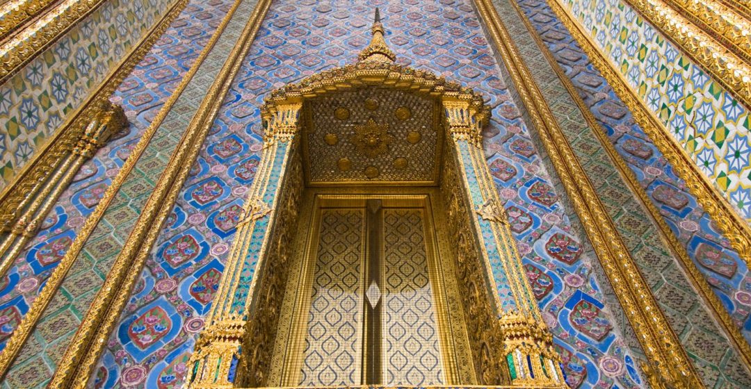 Detail of window and columns of Wat Phra Kaew in the Royal Palace complex in Bangkok, Thailand