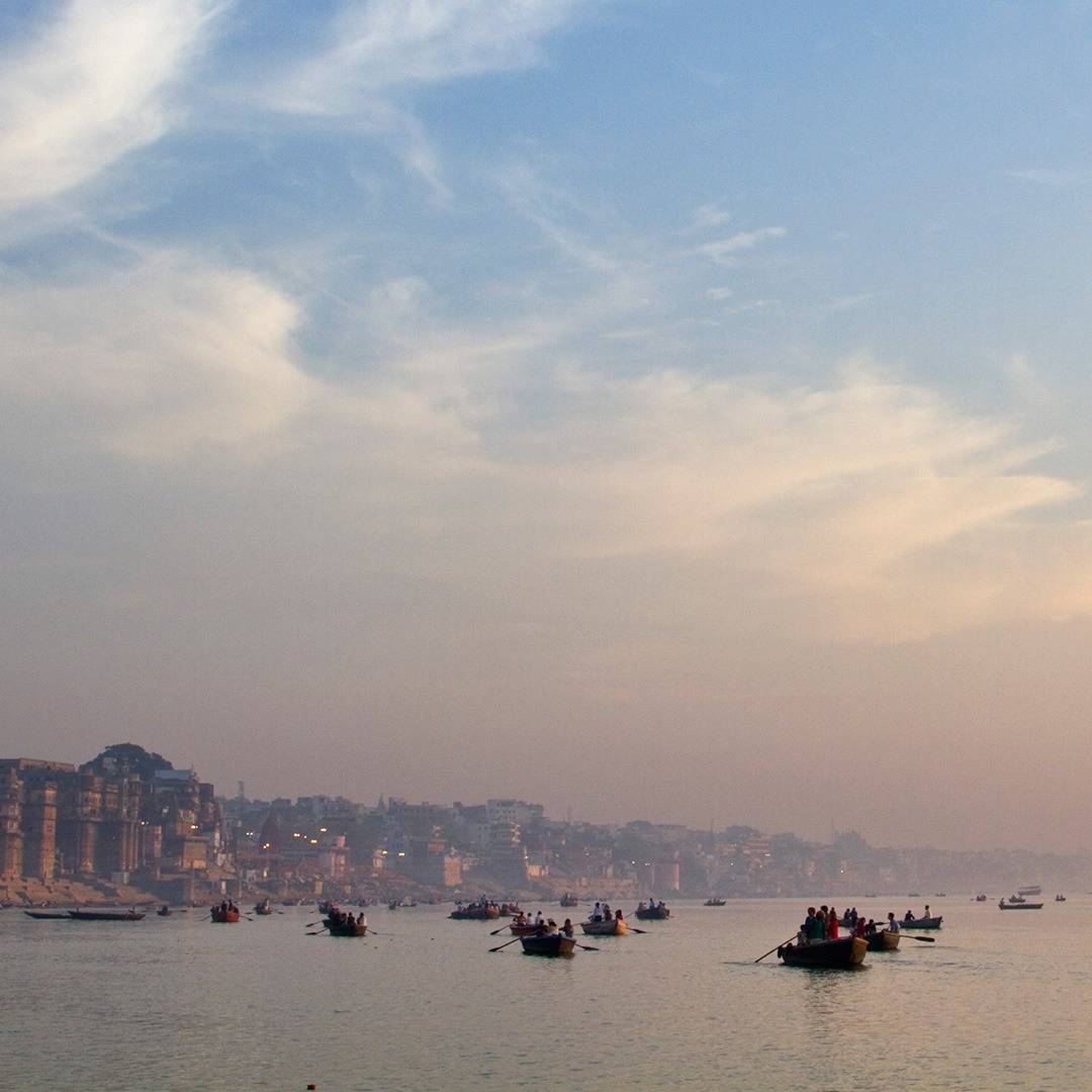 Boats on the Ganges River in the early morning, Varanasi, India