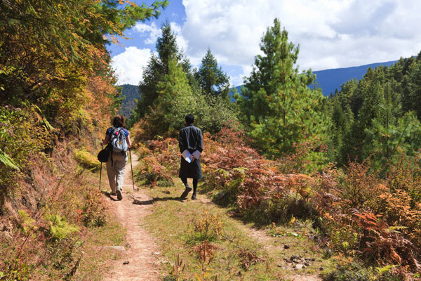 A tourist and her Bhutanese guide trekking in the beautiful countryside of Ura Valley, Bhutan